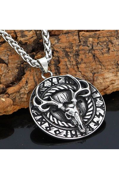 Viking Eikthyr Valhalla Thor Norse Mythology Odin Deer Runic Symbol 316L Steel Men's Necklace