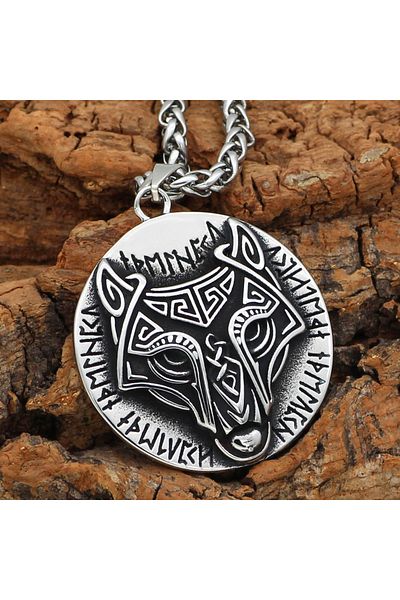 Viking Odin Geri & Freki Wolf Scandinavian Runic Symbol Engraved 316L Steel Men's Necklace