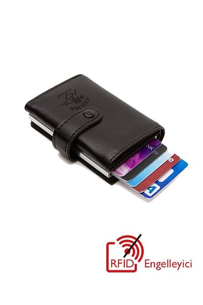 Newishpolo Πορτοφόλι Adelina Μαύρο Δερμάτινο Μηχανισμό Snap Card Holder (7CMX10CM)