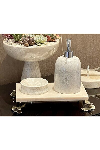 MIARIK DESIGN DEKORATİF BEJ MERMER GINKO AKSESUAR DETAYLI 3 LU BANYO SETİ TAKIMI