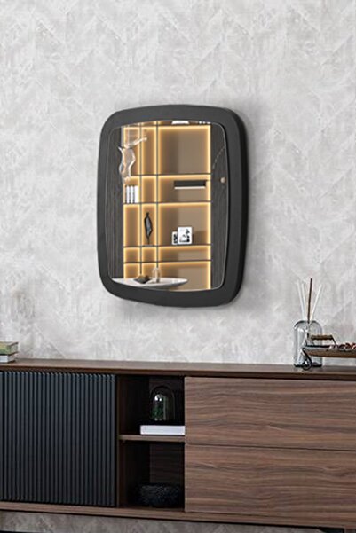 FAYMEND Siyah Ahşap Dekoratif Antre Hol Koridor Duvar Salon Mutfak Banyo Wc Ofis Aynası 60 Cm
