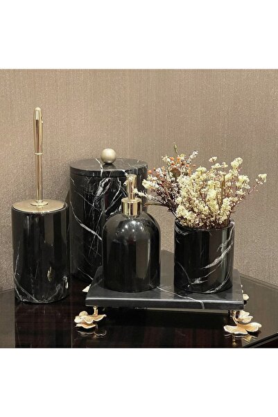 MIARIK DESIGN & DEKORASYON DEKORATİF SIYAH MERMER GINKO AKSESUAR DETAYLI 5 Lİ...