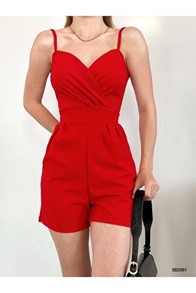 merlavin Women's Red, Strappy Double Breasted Collar Shorts Jumpsuit (RED)