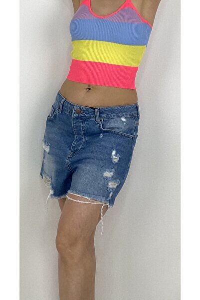 Yasminyes Denim mavi kısa yıpratmalı kot şort