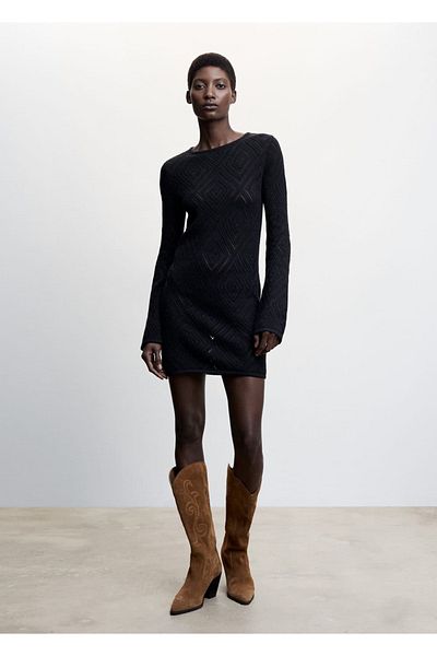 MANGO Woman Black Openwork Knitted Knitwear Dress