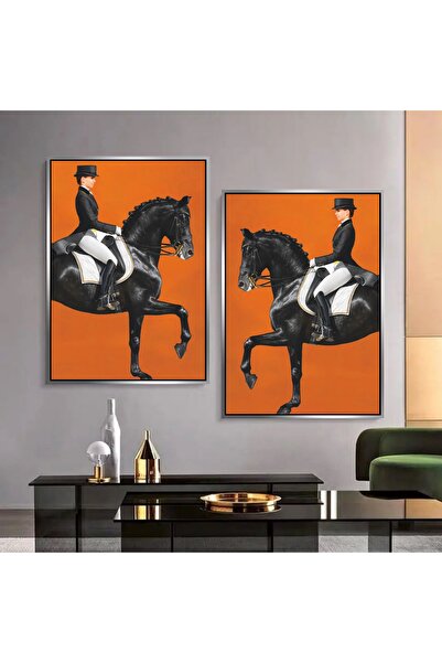 Markazip Hermes Atlar Turuncu Gümüş Metal Çerçeveli 50x70cm Ikili Kanvas Tablo Tlh8-k