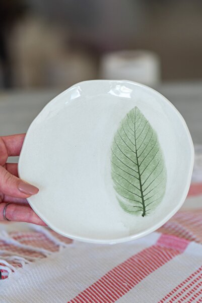 cerabien Yaprak Desenli Tabak, El Yapımı Seramik Tabak, Dekoratif Tabak, 20 cm Tatlı Tabağı