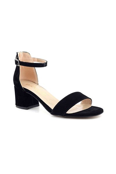Afilli Women's Black Suede Single Strap Thick Short Heeled Comfortable 4 cm Shoes Ankle Sandals