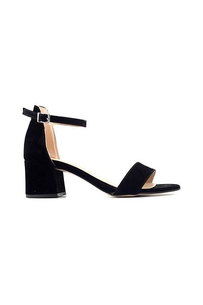 Afilli Women's Black Suede Single Strap Thick Short Heeled Comfortable 4 cm Shoes Ankle Sandals
