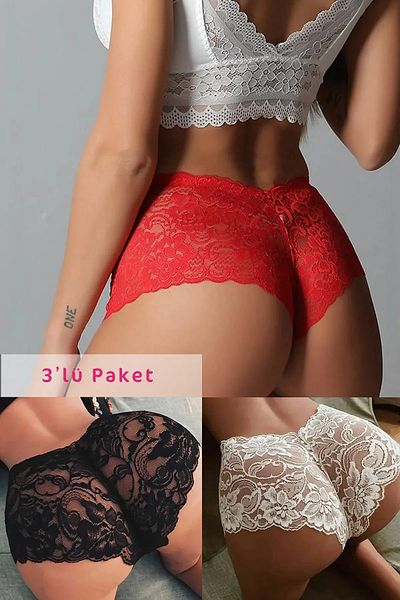 Quick&Shine Γυναικεία Dominant Special Fancy 3 Pack Μαύρα Κόκκινα Λευκά Δαντελένια Εσώρουχα