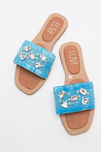 LuviShoes Papuci de damă NORVE Baby Blue Straw Stone