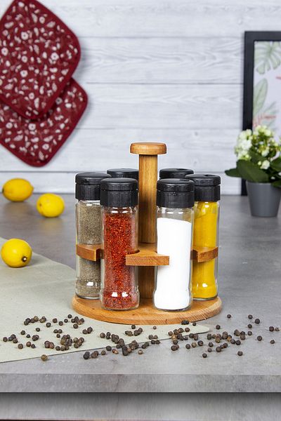 ETKA Sapel 6-Piece Spice Rack Set, Round 6-Piece Spice Rack Set with Wooden Stand