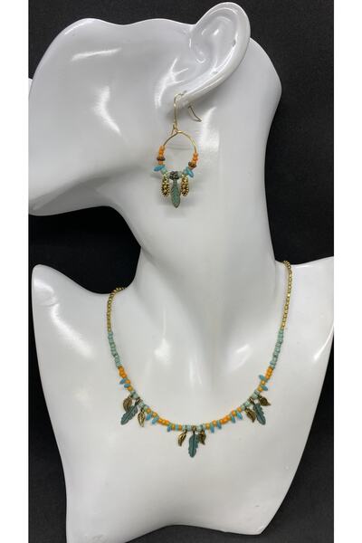 Porsuk Alternatif El Yapımı Etnik Otantik Hippi Bohem Metal Tüy Kolye Küpe Set