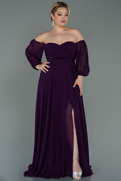 Abiyefon Long Sleeve Strapless Dark Purple Chiffon Plus Size Evening Dress - ABU2597