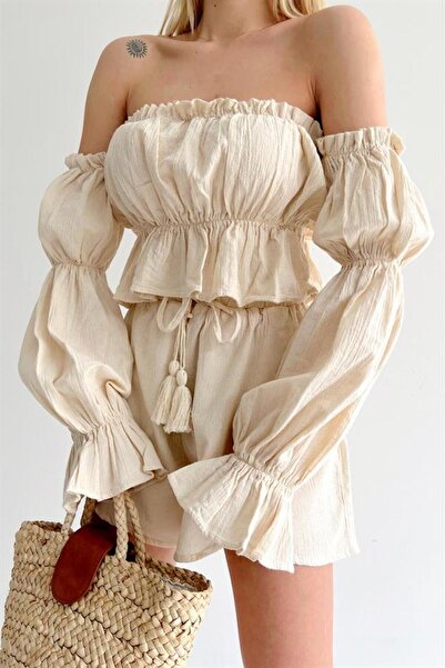 TheGreySports Kayık Yaka Keten Görünümlü Uzun Valon Kollu Straplez