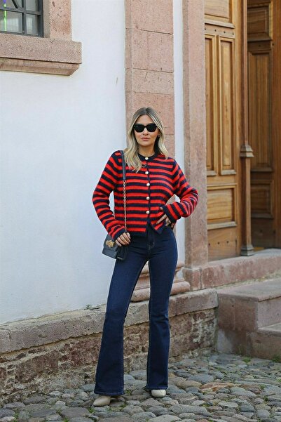 Lixera Ispanyol Koyu Mavi Likralı Yüksek Bel Flare Jeans Pantolon