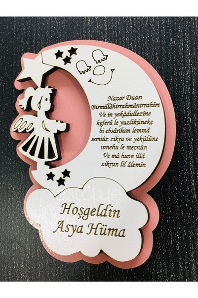 estölye Wooden Baby Girl Magnet with Evil Eye Prayer 25 Pieces Pink White Wooden G2F1Z1A182B9