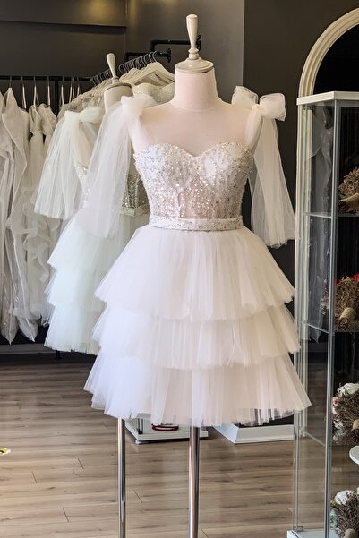 Lenta Moda Beyaz Dantel Kaplı Mini Gece ve Parti Elbisesi