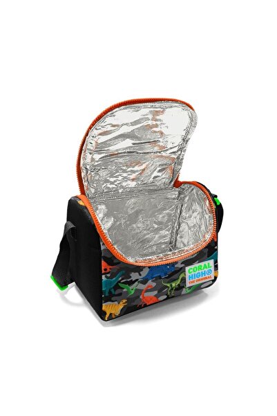Coral High Black Gray Dinosaur Patterned Children's Lunchbox - 11744
