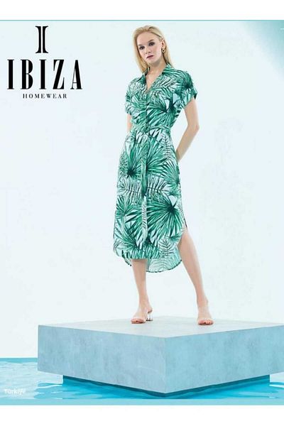 SENFONİ IBIZA Γυναικείο φόρεμα με τροπικό στάμπα - με κουμπιά μπροστά και γιακά πουκάμισου