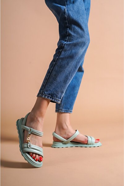 munora butik Bilekten Geçme Gold Detaylı Hakiki Deri Mint yeşil Sandalet