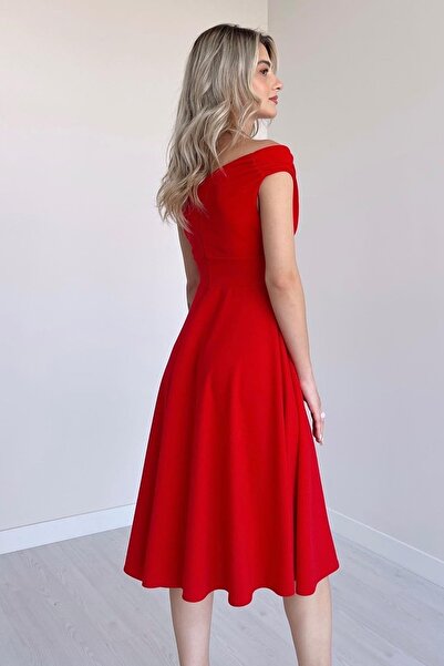 vuvutasarım Women's Double Breasted Collar Flared Cut Stretchy Fabric Double Breasted Dress 046