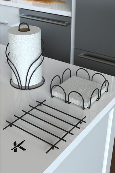 KARTEYA Service Presentation Set Towel Holder Napkin Holder Trivet Full Shiny Stainless Steel Set of 3 Kitchen