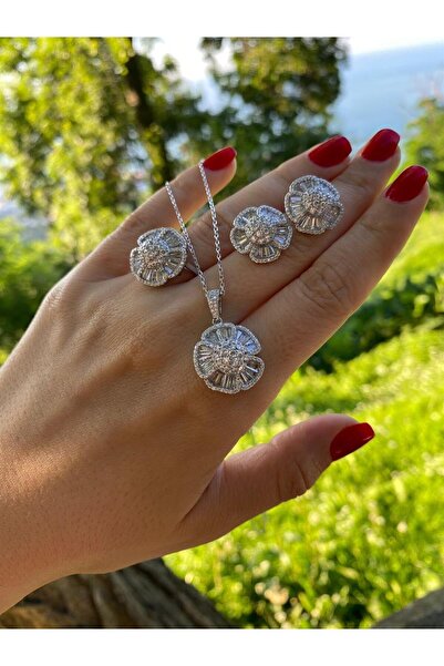 bestmysilver Kadın Gümüş Zirkon Taşlı Çiçek Set