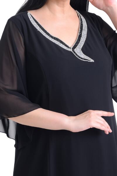 Arden Büyük Beden Şifon Kısa Abiye, Midi Yakası Taşlı Geniş Boydan Kloş Elbise, Düğün,Davet Kıyafeti,44-54