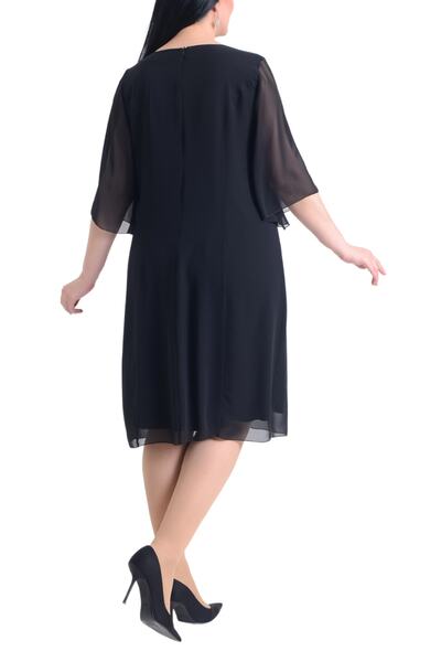 Arden Büyük Beden Şifon Kısa Abiye, Midi Yakası Taşlı Geniş Boydan Kloş Elbise, Düğün,Davet Kıyafeti,44-54