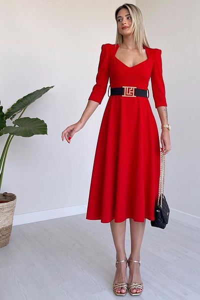 vuvutasarım New Season Crepe ύφασμα με ζώνη κοντό μανίκι γιακάς μίντι γυναικείο φόρεμα 075