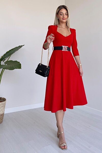 vuvutasarım New Season Crepe Fabric Belted Short Sleeve Window Collar Midi Length Women's Dress 075