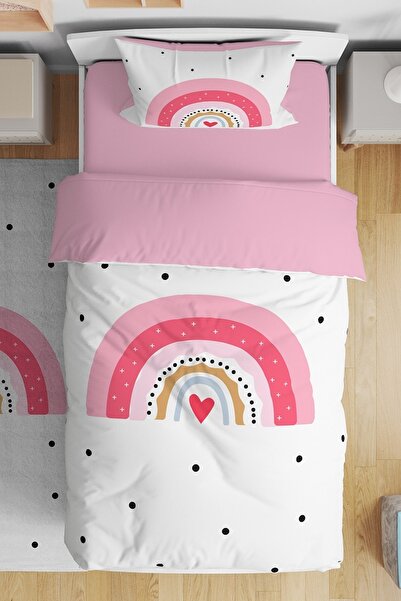 EVPANYA Pembe Gökkuşağı Desenli Tek Kişilik Bebek Çocuk Nevresim Seti