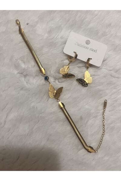 atom butik Çelik kelebek model bileklik ve küpe takımı