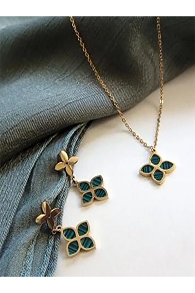 fiore fashion Dört Yapraklı Yonca Kararmaz Çelik Kadın Kolye ve kupe takim