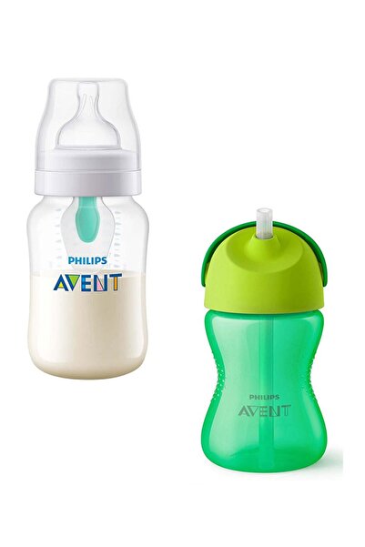 Philips Avent Antikolik Colic Biberon 260ml - Cam Değildir. + Avent Yeşil Pipetli Bardak 300 ML - Yeni Model
