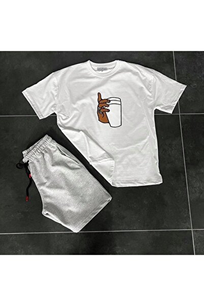 Adrift Unisex χάρτινο κύπελλο με στάμπα σε λευκό μπλουζάκι και γκρι σορτς αθλ...