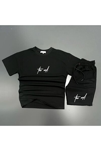 Adrift Tricou The End și pantaloni scurți din bumbac pieptănat - Set negru cu...