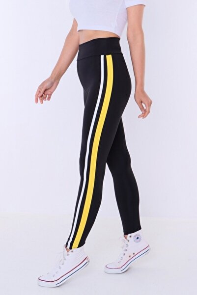 Ayya Women بنطال رياضي نسائي أسود عالي الخصر مع شريط جانبي أصفر وأبيض للنساء ...