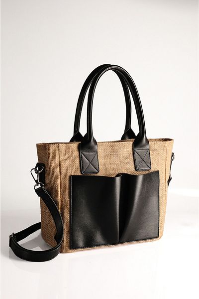 Rimense Women's Straw Black Pocketed Long Strap Lined Medium Bag