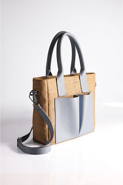 Rimense Women's Straw Blue Pocket Long Strap Lined Medium Size Tote Bag