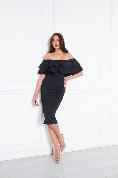 NO48 Black Boat Neck Ruffle Detail Stretch Fabric Off Shoulder Midi Length Evening Dress Pencil Dress