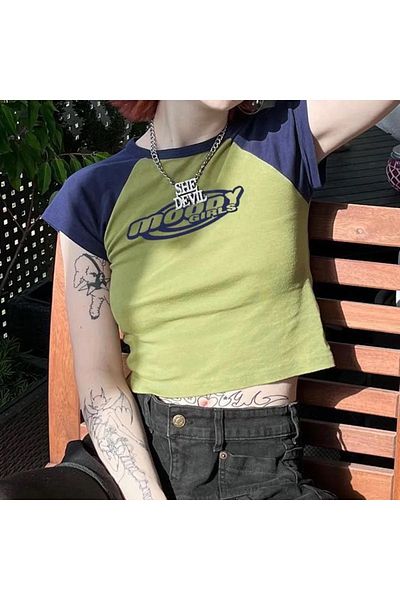 Köstebek Green Grunge Crop T-Shirt - Moody Girls Raglan