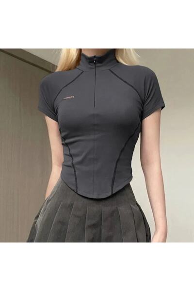 Köstebek Zippered Corset Cut Smoked Crop T-Shirt