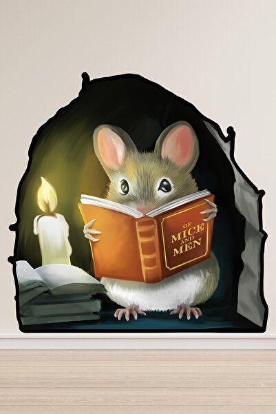 Echo Home Fare Deliğinde Mum İle Kitap Okuyan Fare Duvar Sticker Eeğlenceli D...