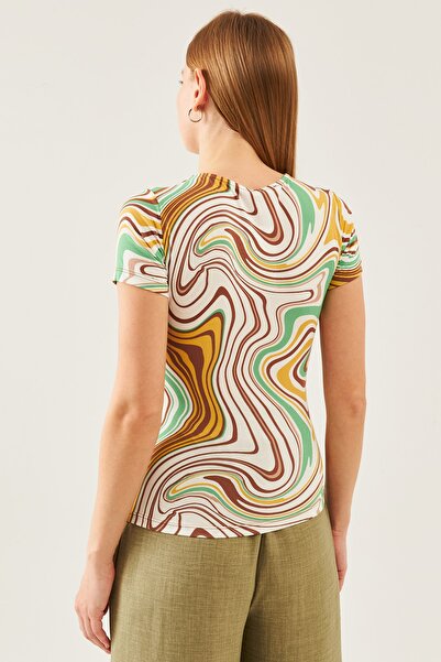 schlank Жіноча блузка з віскози з ефектом екрю, кавовим візерунком, квадратним коміром і короткими рукавами