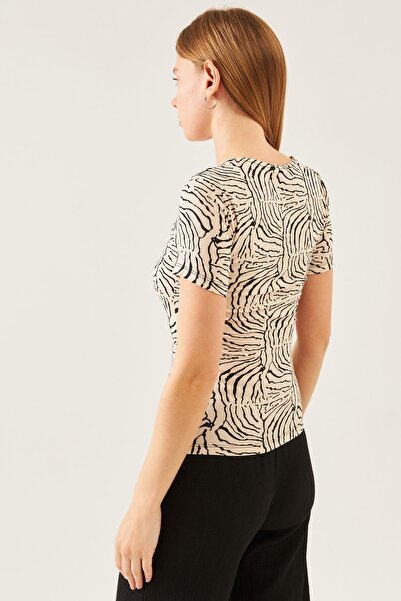 schlank Γυναικεία Μπεζ Μαύρη Ζέβρα Μοτίβο Τετράγωνο Γιακά Κοντό μανίκι βισκόζης μπλούζα