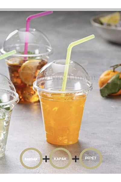 Miopack 250 cc Plastik Pet Limonata Milkshake Bardağı 100 Adet Kapaklı ve Pip...