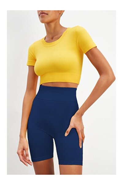 MİSTİRİK Felolin Model Örme Seamless Şort Biker Şort Yüksek Bel Toparlayıcı Şort Lacivert Renk