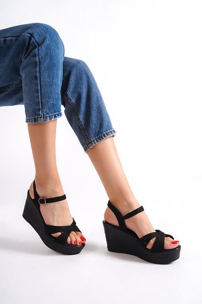 Modabuymus Σανδάλια με τακούνι Luipa Black Suede Cross Strap Wedge